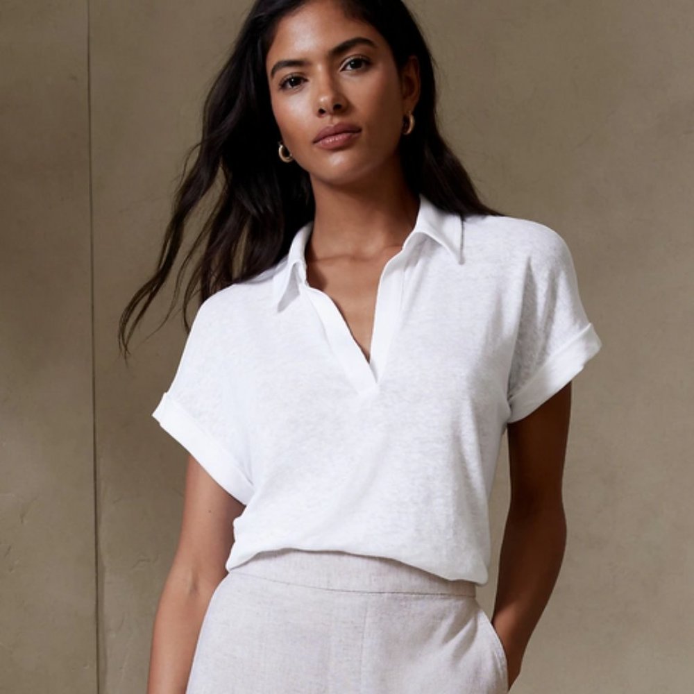 Banana Republic Linen-Blend Johnny-Collar Top
